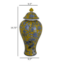 Chris Decorative Jar, Yellow Bird and Floral, Blue Ceramic 20 Inch -BM330133