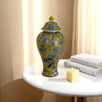 Chris Decorative Jar, Yellow Bird and Floral, Blue Ceramic 20 Inch -BM330133