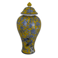 Chris Decorative Jar, Yellow Bird and Floral, Blue Ceramic 20 Inch -BM330133