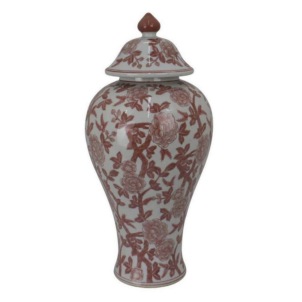 Chris Lidded Accent Jar, Red Bird and Floral, White Ceramic 20 Inch -BM330134