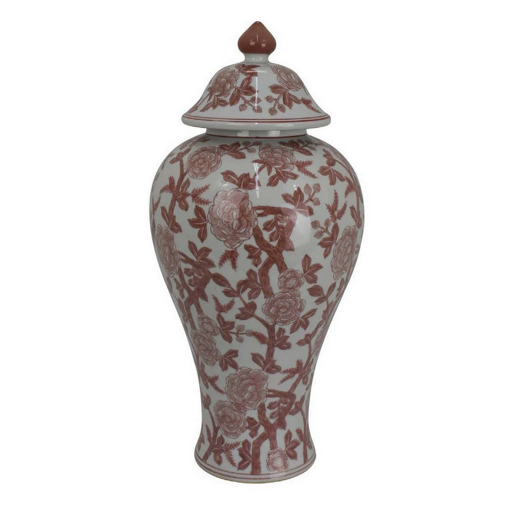 Chris Lidded Accent Jar, Red Bird and Floral, White Ceramic 20 Inch -BM330134