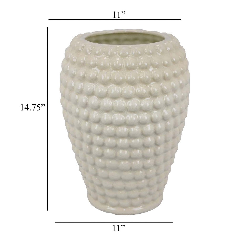 Benzara Rozie Round Vase with Bubble Texture Design, White Ceramic