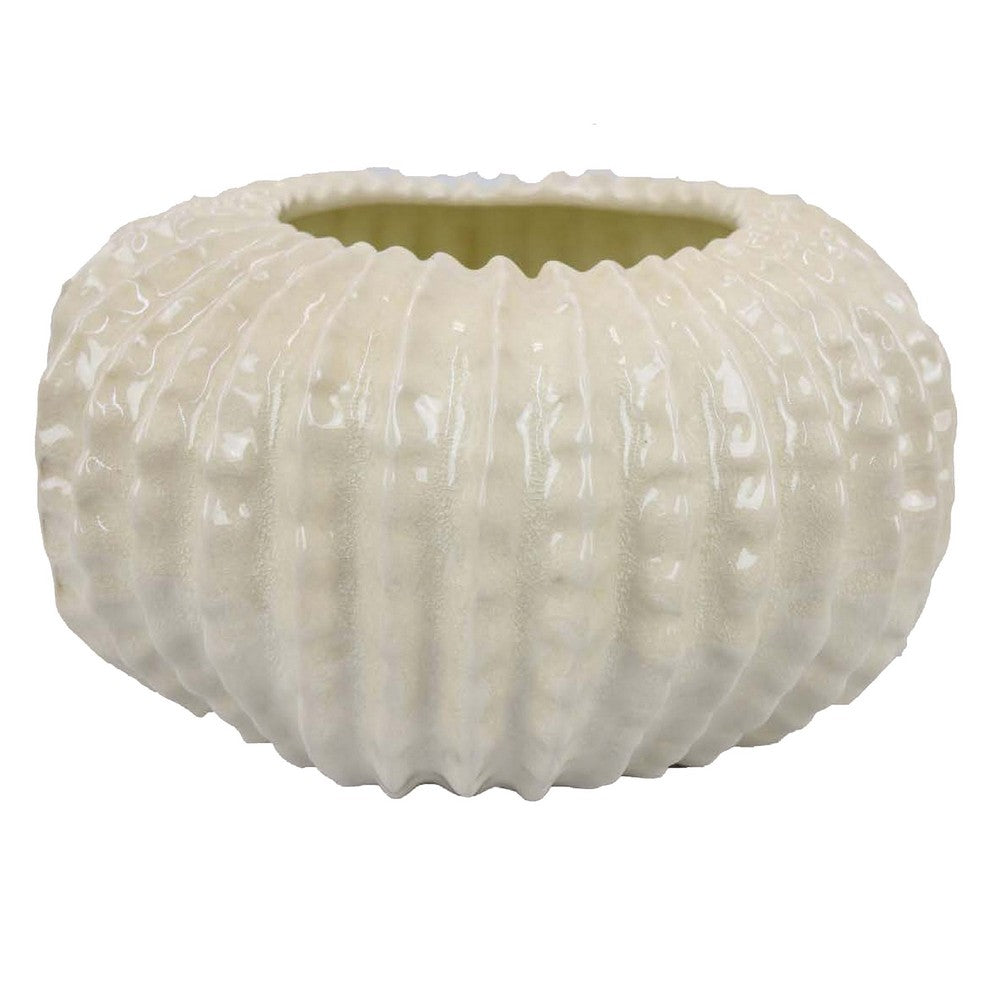 Harry Round Planter with Textured Design, Glossy White Ceramic 13 Inch -BM330144