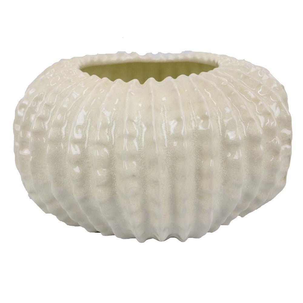 Harry Round Planter with Textured Design, Glossy White Ceramic 13 Inch -BM330144