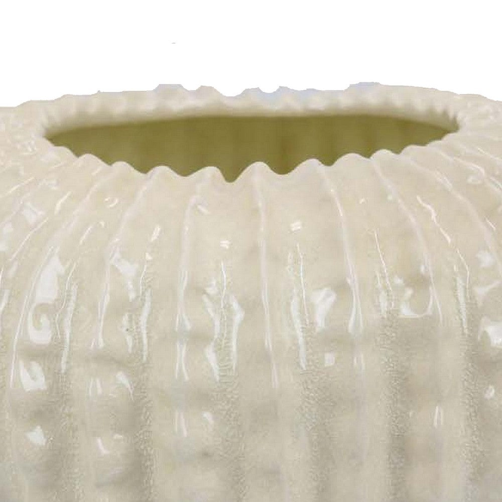 Harry Round Planter with Textured Design, Glossy White Ceramic 13 Inch -BM330144