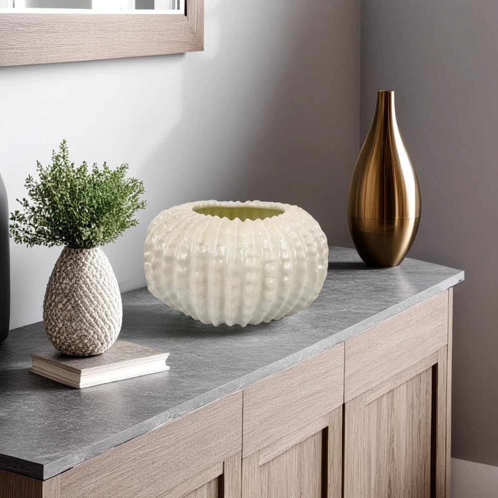 Harry Round Planter with Textured Design, Glossy White Ceramic 13 Inch -BM330144