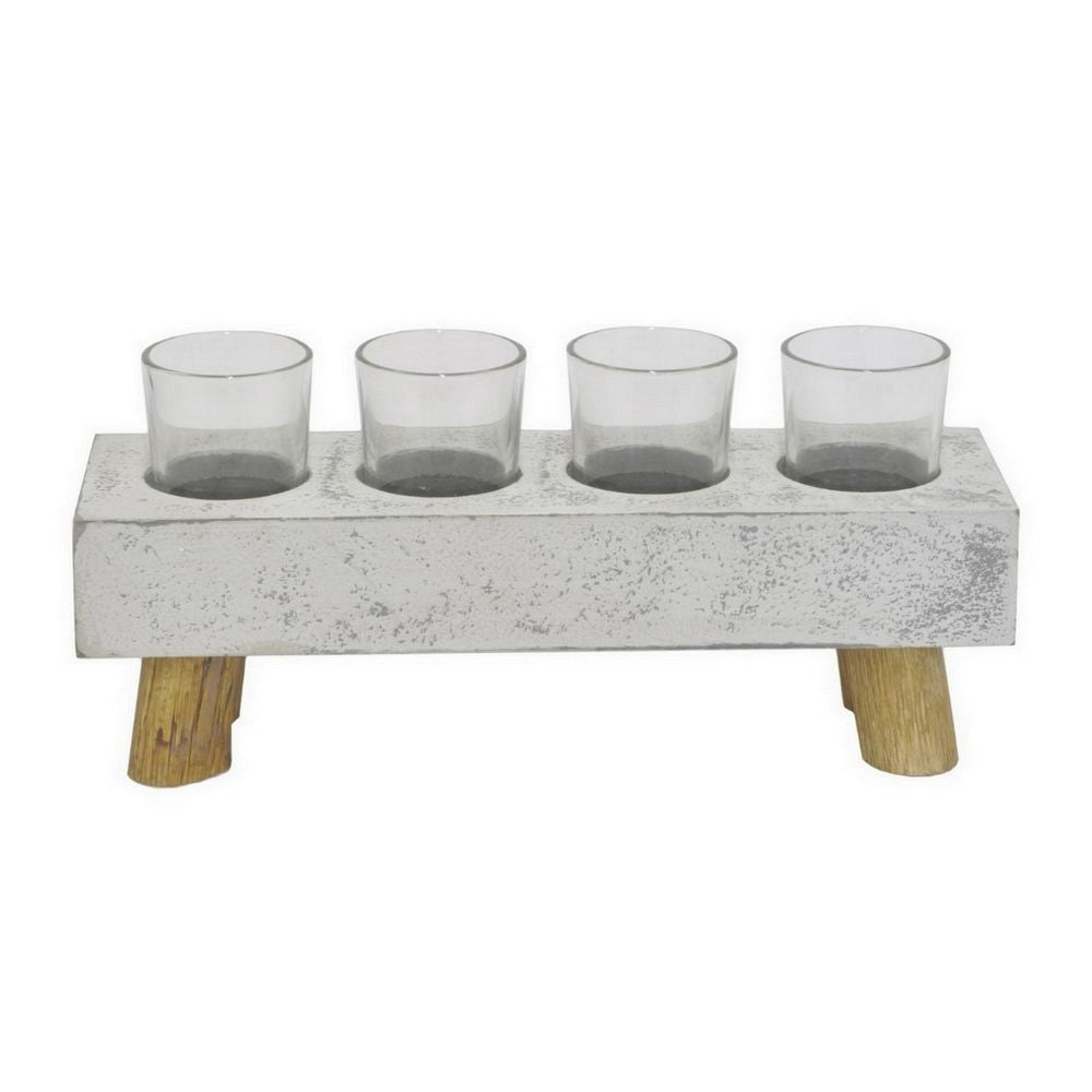 Cabo Accent Vase with 4 Glass Pots, Wood Legs, Gray Ceramic 15 Inch -BM330146