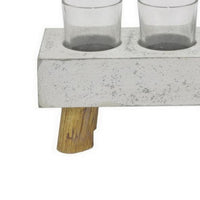 Cabo Accent Vase with 4 Glass Pots, Wood Legs, Gray Ceramic 15 Inch -BM330146
