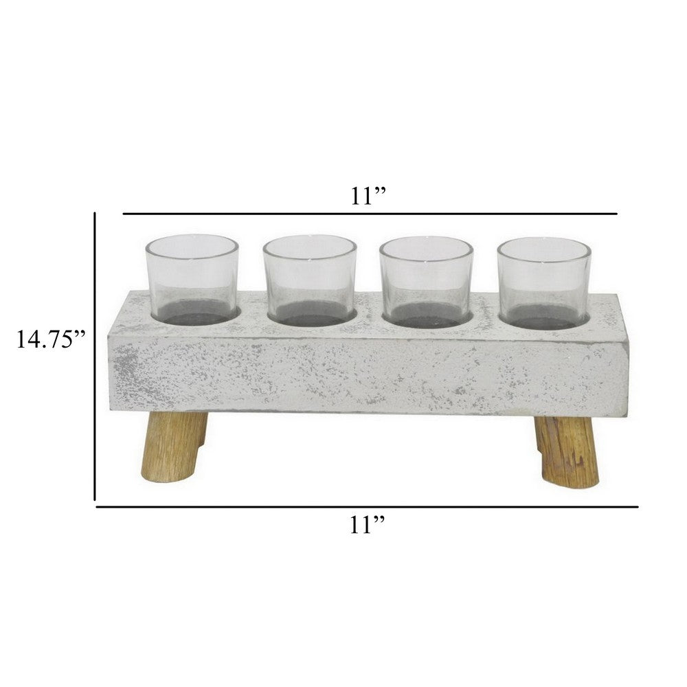 Cabo Accent Vase with 4 Glass Pots, Wood Legs, Gray Ceramic 15 Inch -BM330146