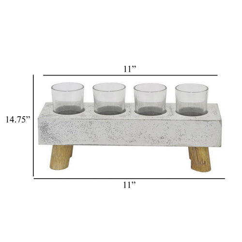Cabo Accent Vase with 4 Glass Pots, Wood Legs, Gray Ceramic 15 Inch -BM330146