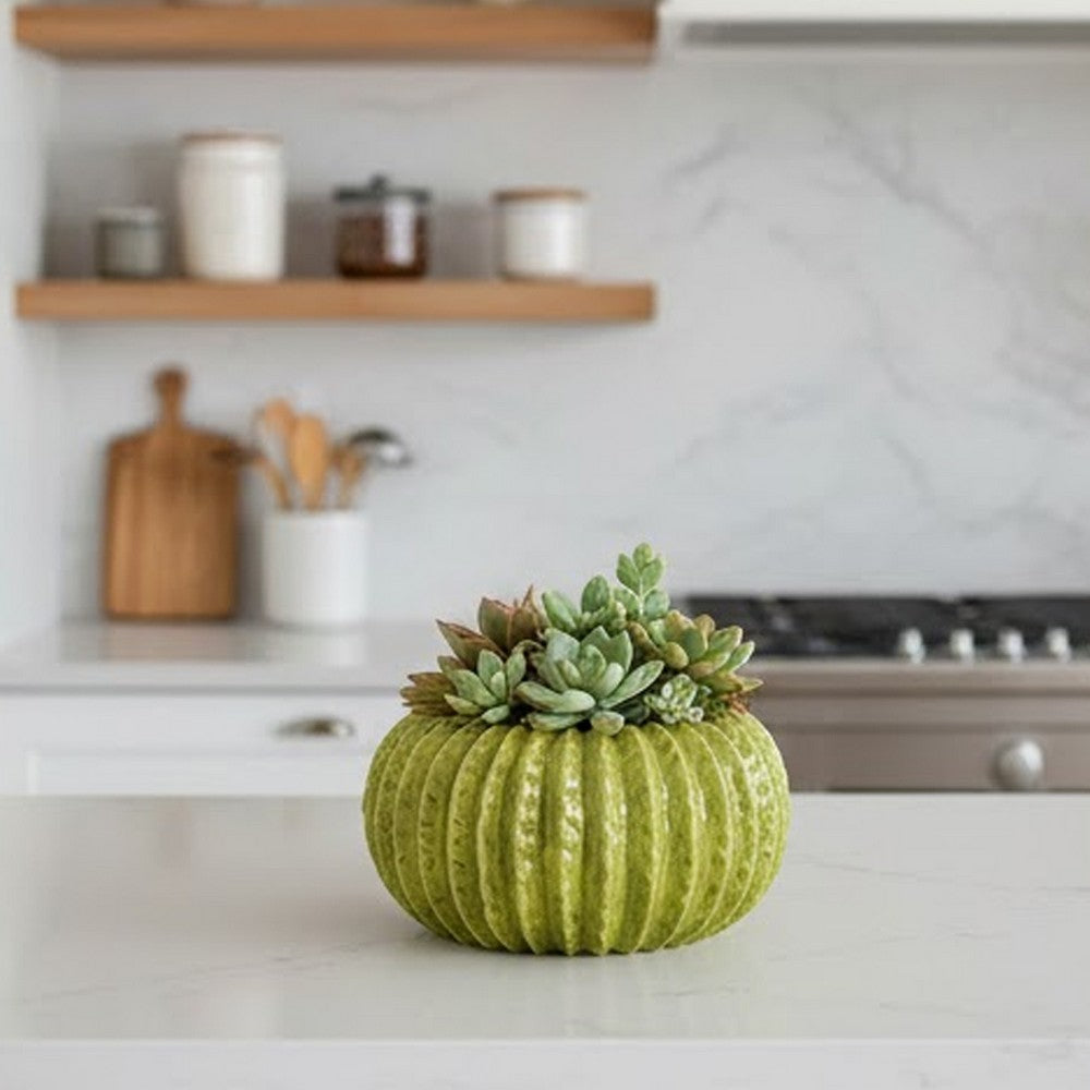 Decorative Planter, Melon Shape, Vertical Ribbed Texture, Green Ceramic - BM330147