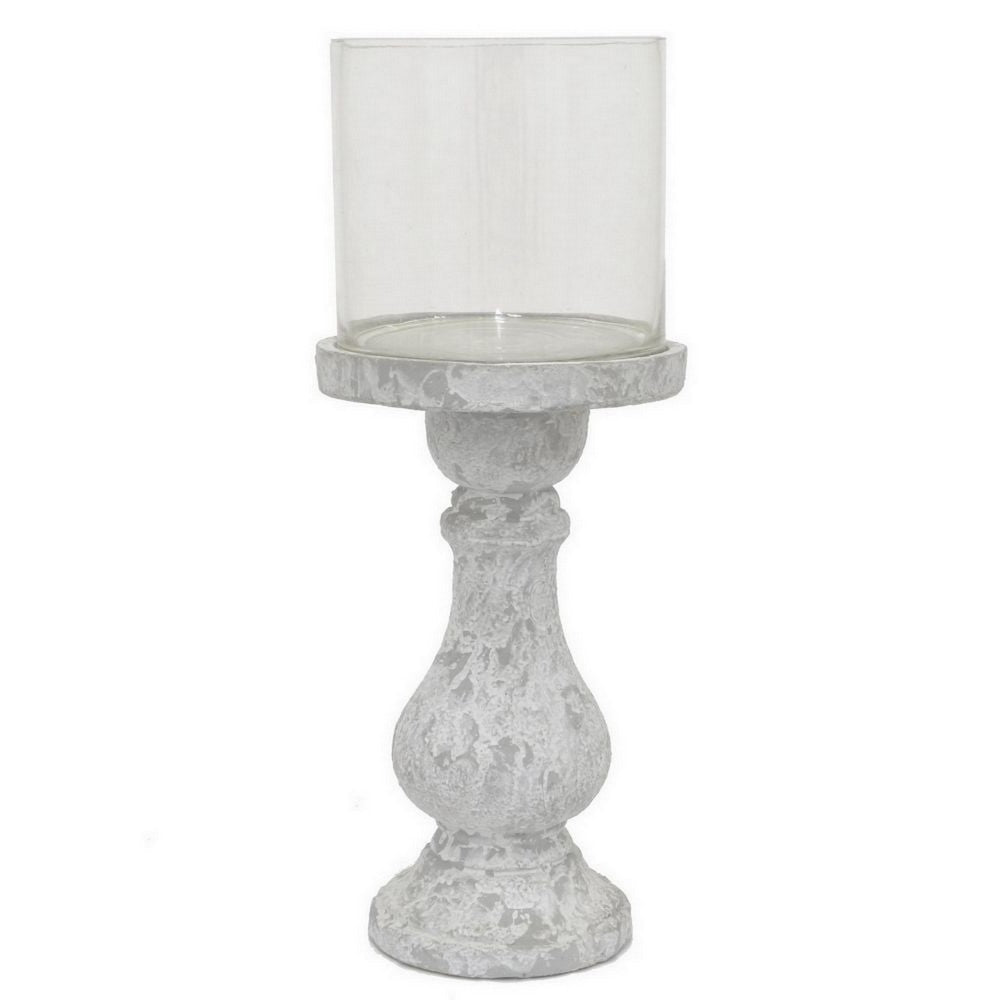 Kris Candle Holder with Hurricane Glass Top, White Gray Ceramic 7 Inch -BM330147