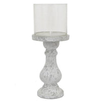 Kris Candle Holder with Hurricane Glass Top, White Gray Ceramic 7 Inch -BM330147
