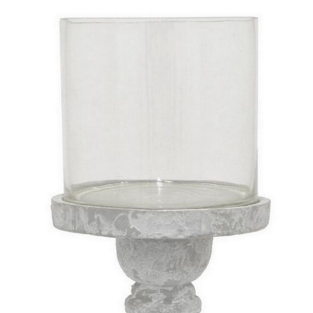 Kris Candle Holder with Hurricane Glass Top, White Gray Ceramic 7 Inch -BM330147