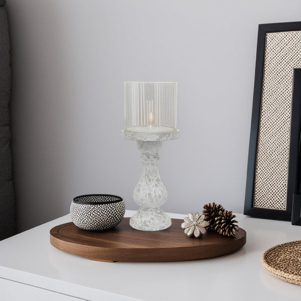 Kris Candle Holder with Hurricane Glass Top, White Gray Ceramic 7 Inch -BM330147