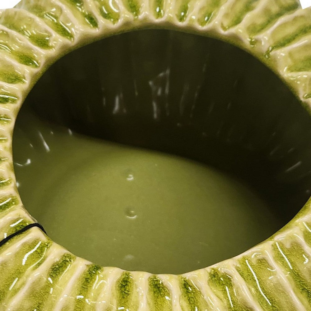 Decorative Planter, Melon Shape, Vertical Ribbed Texture, Green Ceramic - BM330147