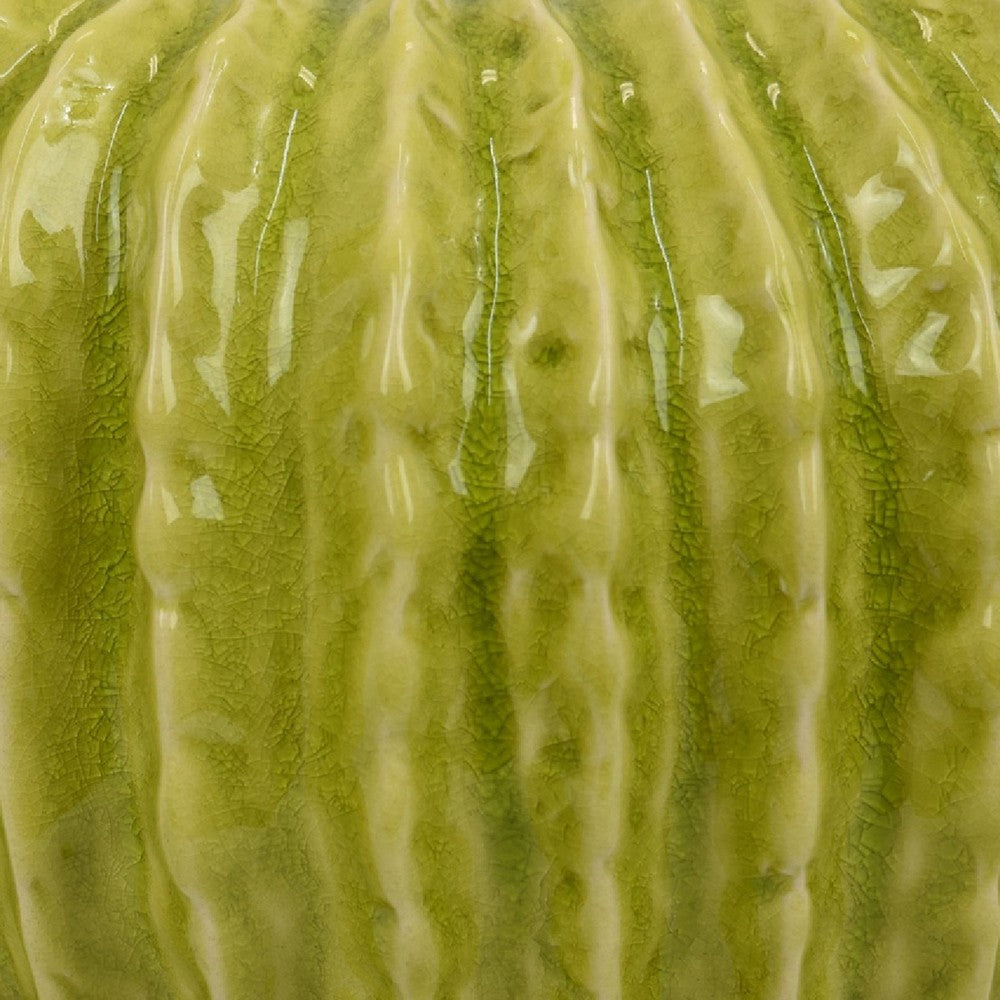Decorative Planter, Melon Shape, Vertical Ribbed Texture, Green Ceramic - BM330147