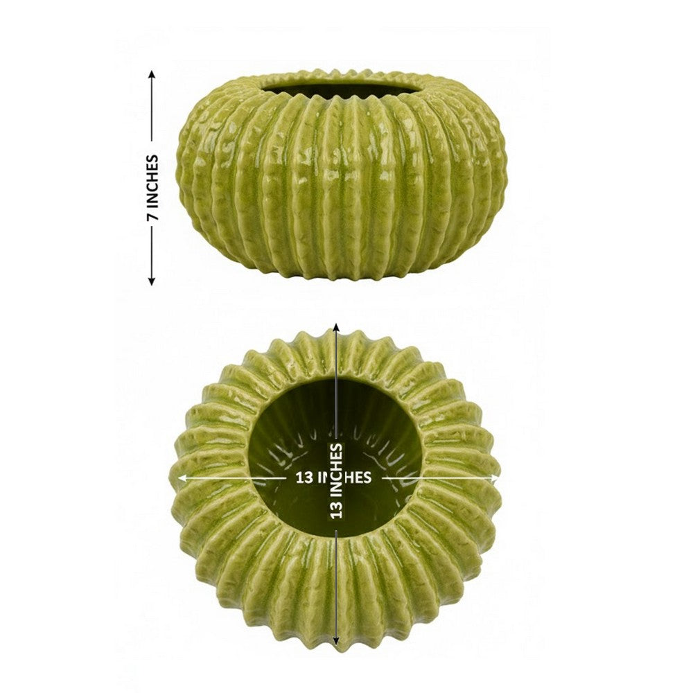 Decorative Planter, Melon Shape, Vertical Ribbed Texture, Green Ceramic - BM330147