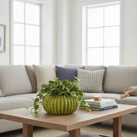 Decorative Planter, Melon Shape, Vertical Ribbed Texture, Green Ceramic - BM330147