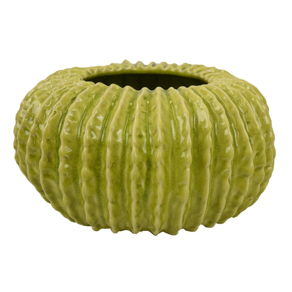 Decorative Planter, Melon Shape, Vertical Ribbed Texture, Green Ceramic - BM330147