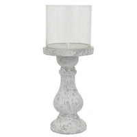 Kris Candle Holder with Hurricane Glass Top, White Gray Ceramic 7 Inch -BM330147