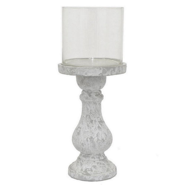 Kris Candle Holder with Hurricane Glass Top, White Gray Ceramic 7 Inch -BM330147