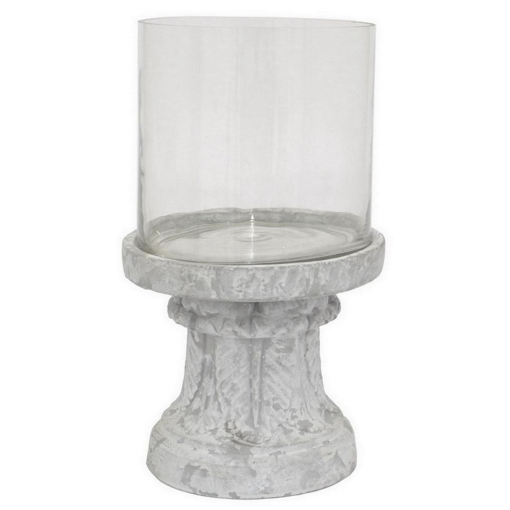 Kris Candle Holder, Hurricane Glass Top, White Gray Ceramic 14 Inch -BM330148