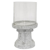 Kris Candle Holder, Hurricane Glass Top, White Gray Ceramic 14 Inch -BM330148