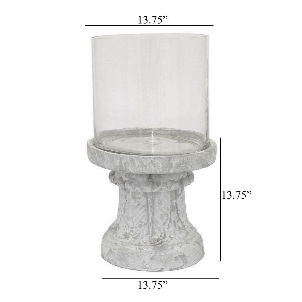 Kris Candle Holder, Hurricane Glass Top, White Gray Ceramic 14 Inch -BM330148