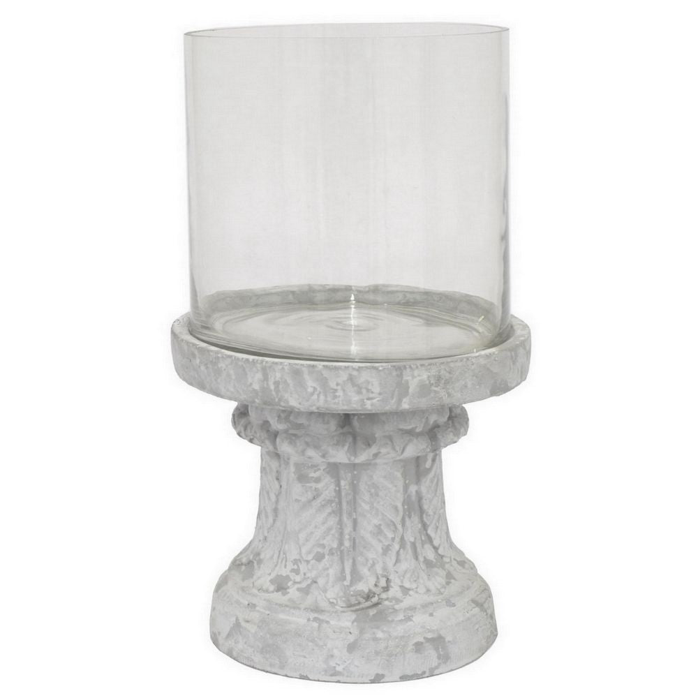 Kris Candle Holder, Hurricane Glass Top, White Gray Ceramic 14 Inch -BM330148