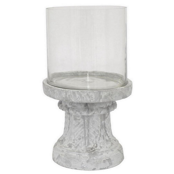 Kris Candle Holder, Hurricane Glass Top, White Gray Ceramic 14 Inch -BM330148