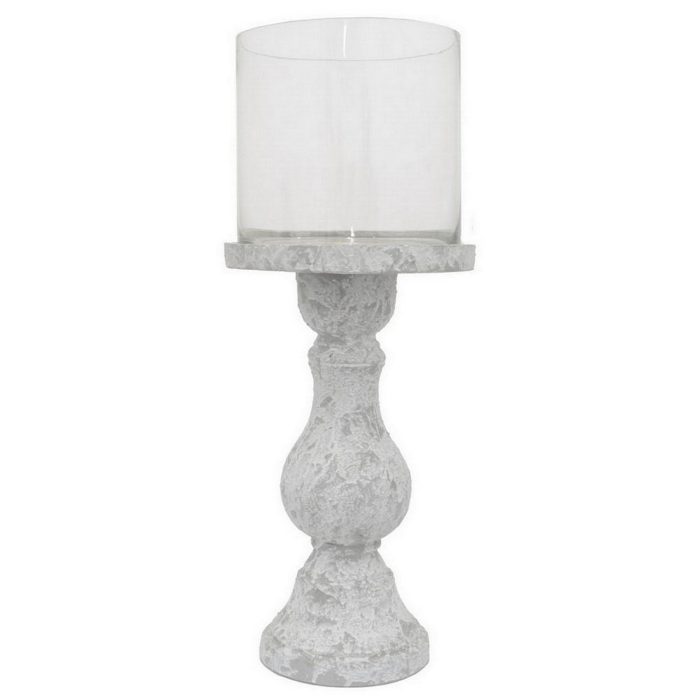 Kris Candle Holder, Hurricane Glass Top, White Gray Ceramic 15 Inch -BM330149
