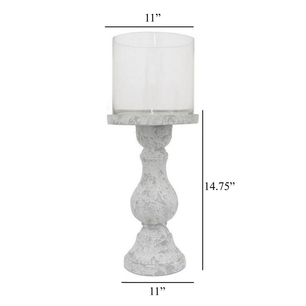 Kris Candle Holder, Hurricane Glass Top, White Gray Ceramic 15 Inch -BM330149
