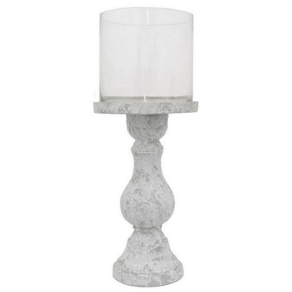 Kris Candle Holder, Hurricane Glass Top, White Gray Ceramic 15 Inch -BM330149