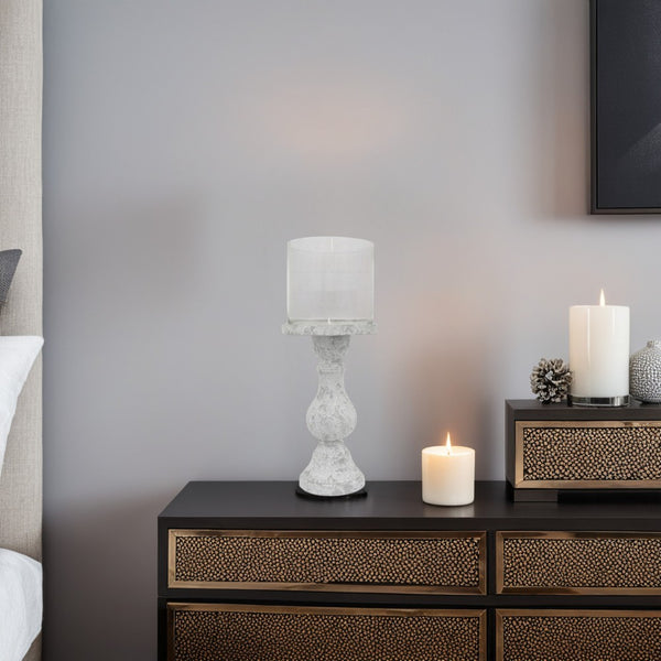 Kris Candle Holder, Hurricane Glass Top, White Gray Ceramic 15 Inch -BM330149