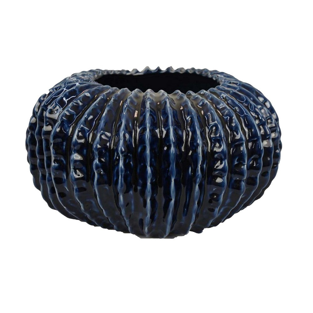 Harry Round Planter Vase, Textured Design, Blue Ceramic 13 Inch -BM330150