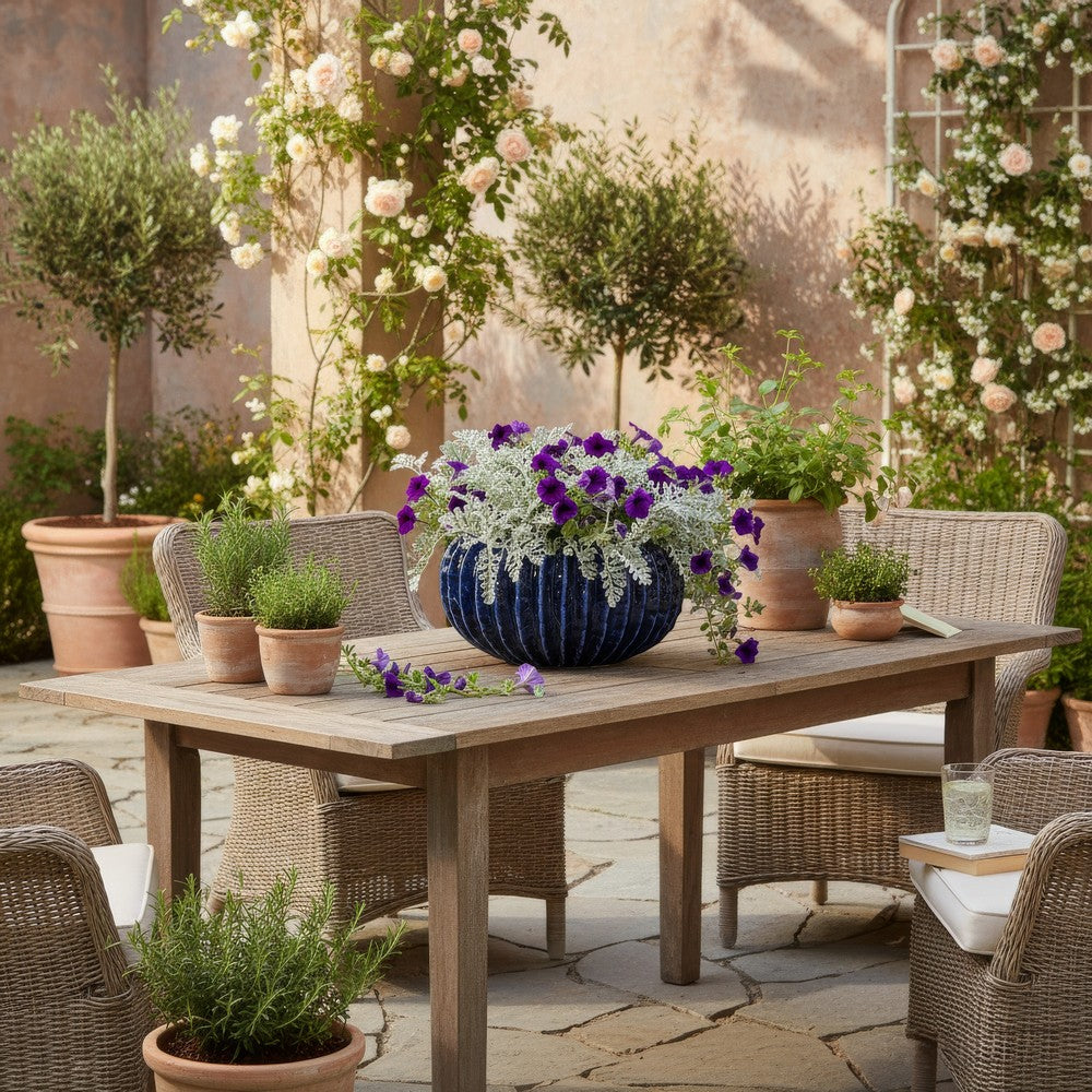 Harry Round Planter Vase, Textured Design, Blue Ceramic 13 Inch -BM330150