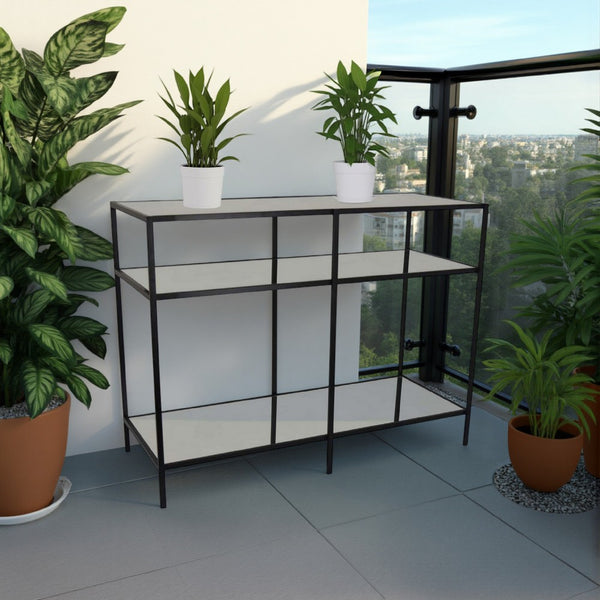 Gwen Plant Stand with 3 Mirrored Shelves, Black Metal Frame 40 Inch -BM330151
