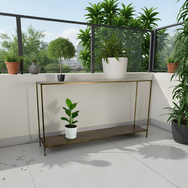 Fleur Plant Stand Console, Lower Shelf, Slim Brown Metal Frame 54 Inch -BM330153