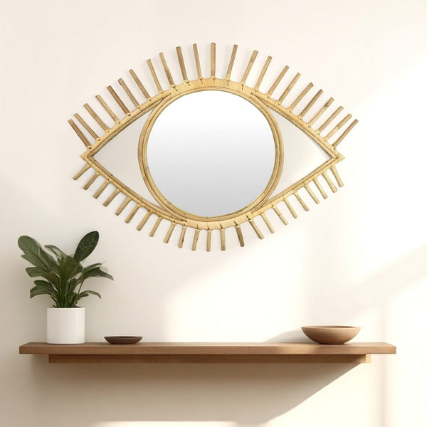 Eric Round Mirror Wall Decor, Eye Shaped Brown Natural Fiber 34 Inch -BM330160