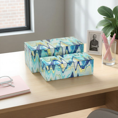 Jenny Small Decorative Box Set of 2, Abstract Marbled Teal Blue Glass -BM330163