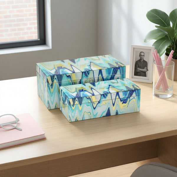Jenny Small Decorative Box Set of 2, Abstract Marbled Teal Blue Glass -BM330163
