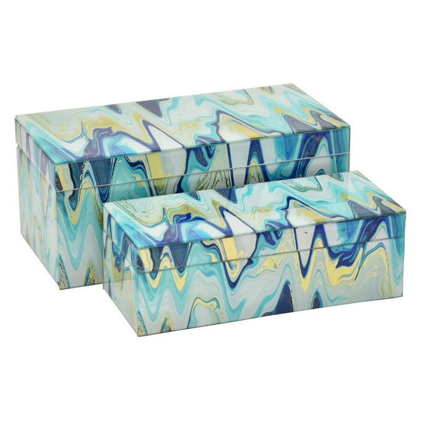 Jenny Small Decorative Box Set of 2, Abstract Marbled Teal Blue Glass -BM330163