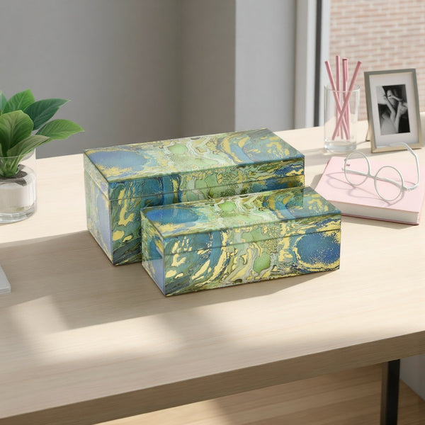 Jenny Decorative Box Set of 2, Abstract Marbled Yellow Green Glass -BM330164