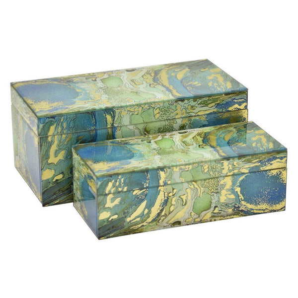Jenny Decorative Box Set of 2, Abstract Marbled Yellow Green Glass -BM330164