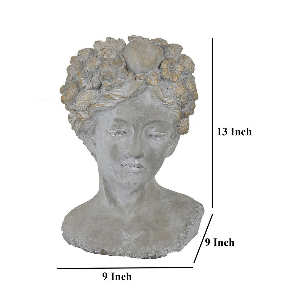Farah Bust Statuette Planter, Floral Details, Gray Terracotta 13 Inch -BM330165