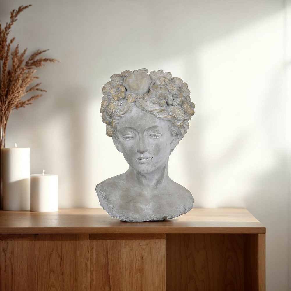 Farah Bust Statuette Planter, Floral Details, Gray Terracotta 13 Inch -BM330165