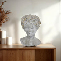 Farah Bust Statuette Planter, Floral Details, Gray Terracotta 13 Inch -BM330165