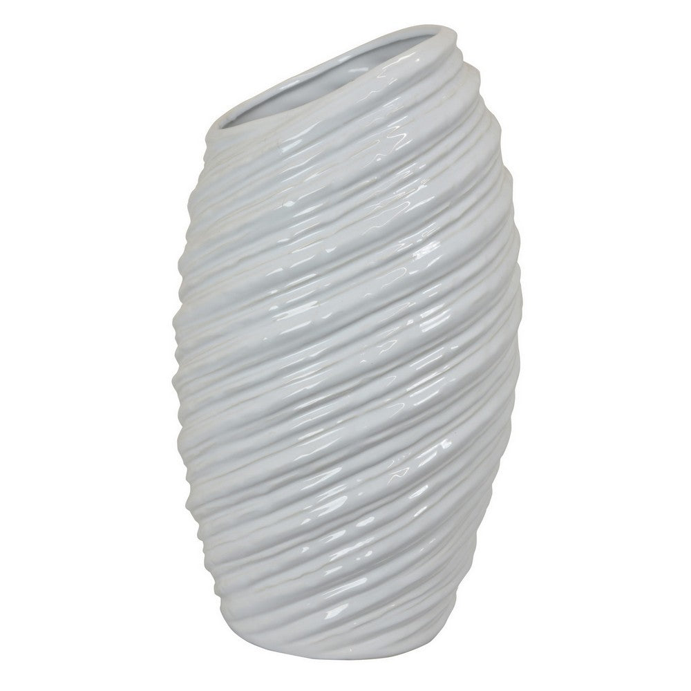 Avery Tall Modern Vase, Angled Spiral Design, White Ceramic 17 Inch -BM330169