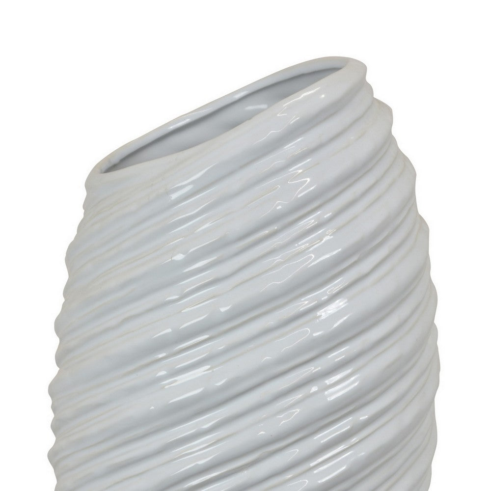 Avery Tall Modern Vase, Angled Spiral Design, White Ceramic 17 Inch -BM330169